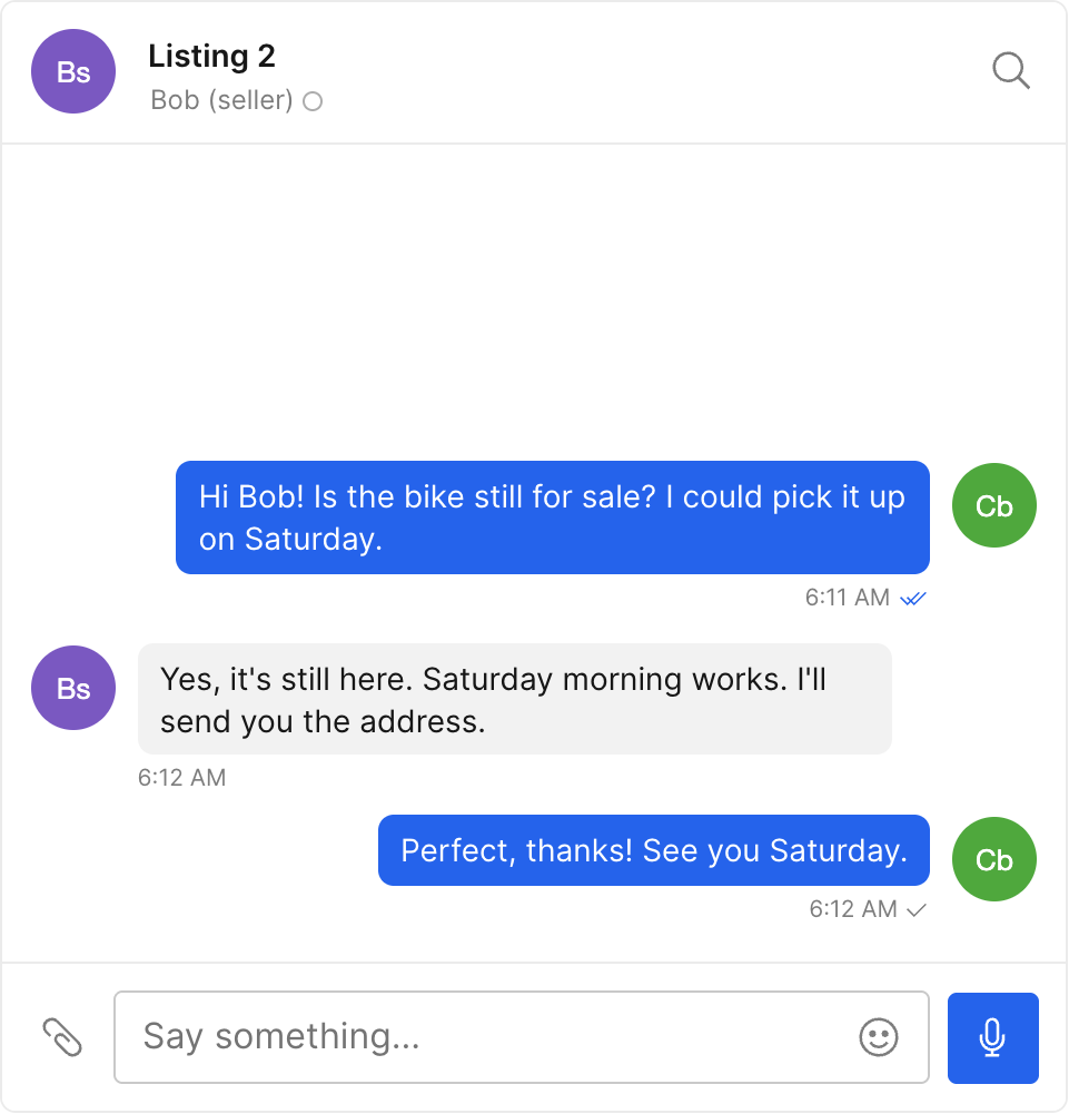 A TalkJS chatbox titled Listing 2 with Bob, the seller. Carol asks if the bike is still for sale and offers to pick it up on Saturday, Bob says Saturday morning works, and Carol thanks him.
