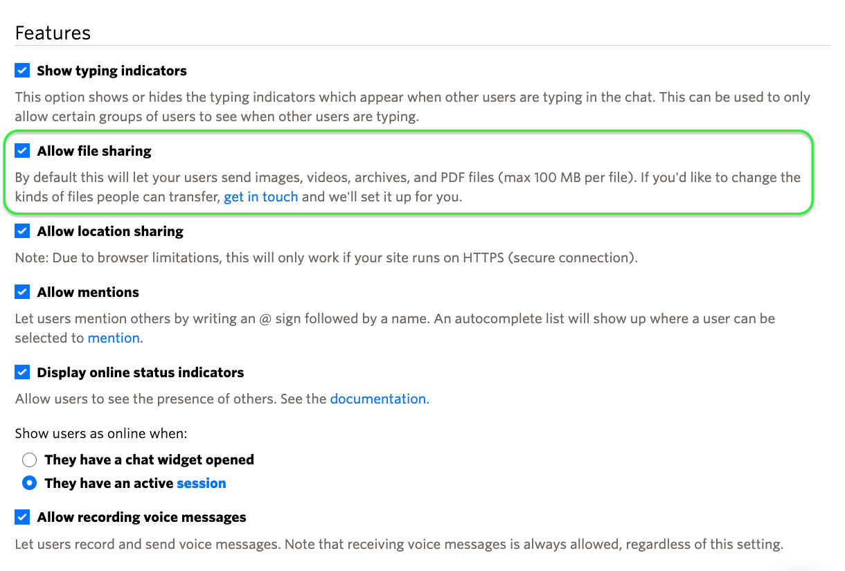 Overview of chat UI feature options, including a checkbox with the label 'Allow file sharing'.