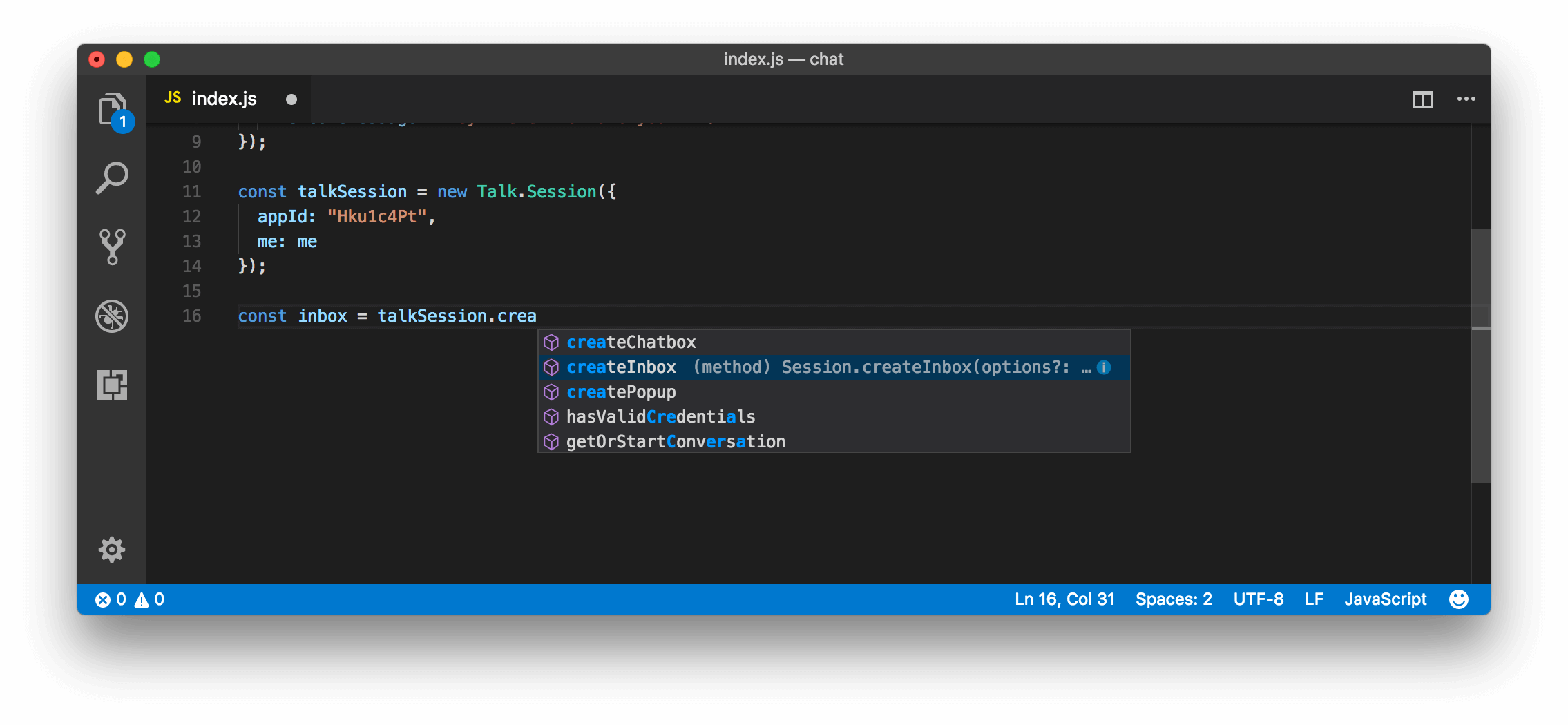 Screenshot showing VSCode with Typescript's autocomplete with TalkJS