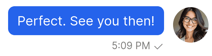 A single checkmark below a user message indicates that the message has reached the TalkJS servers