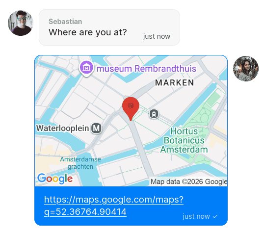 A user shares their location in the chat, showing a Google maps thumbnail with a location marker and a url.