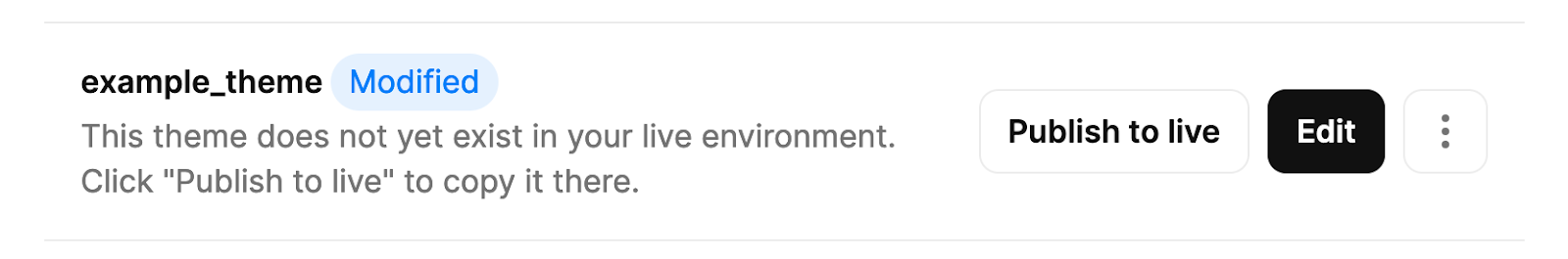 Overview of a row in the list of UI themes on the 'Themes' page of the dashboard, with the text ‘example_theme’, with the label 'Modified' next to it. Below that is the text 'This theme does not yet exist in your live environment. Click “Publish to live” to copy it there.'