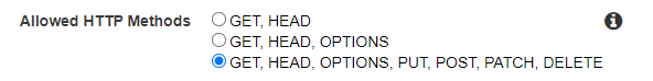 An option to choose 'Allowed HTTP Methods', with a radio button on the selection of 'GET, HEAD, OPTIONS, PUT, POST, PATCH, DELETE'.