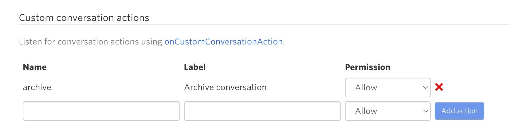 The conversation action options in the TalkJS dashboard