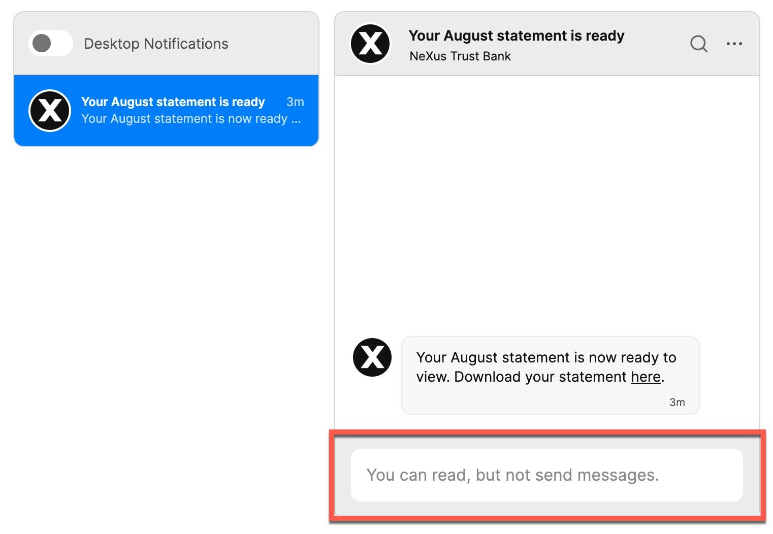Inbox with the read-only warning in the message field