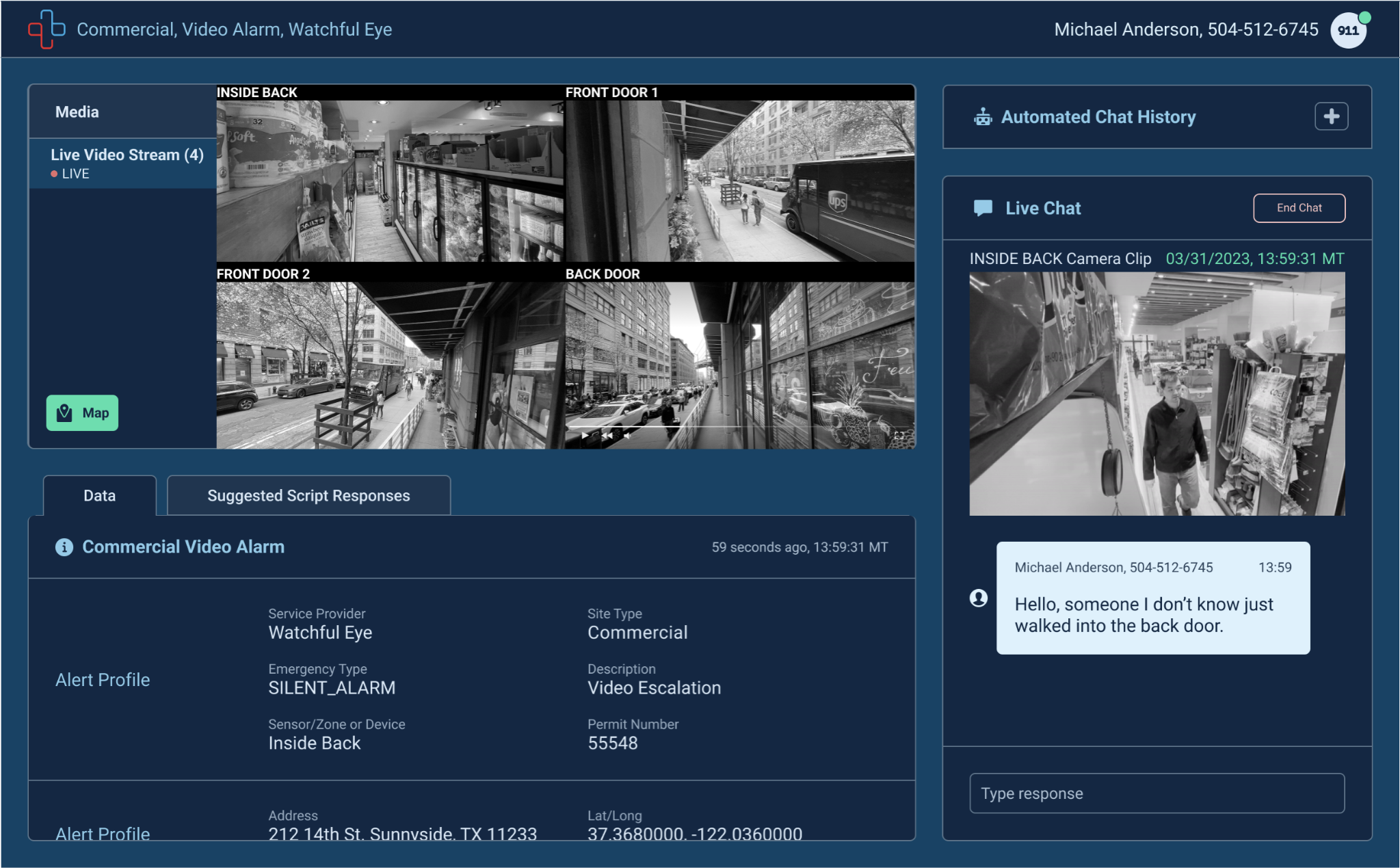 RapidSOS dashboard with the title “Commercial, video alarm, watchful eye” in the top left, and contact details for a person in the top right. Multiple surveillance camera videos shown. In the bottom left there’s a list with data points for the specific video alarm. In the right hand panel is a view of a live chat.