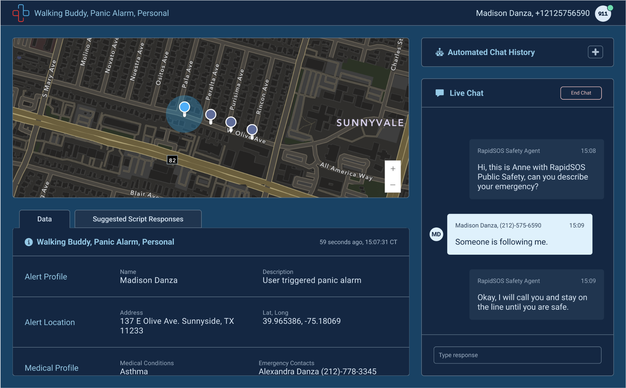 RapidSOS dashboard with the title “Walking Buddy, Panic Alarm, Personal” in the top left, and contact details for a person in the top right. A street map shows multiple pins with one location circled. In the bottom left there’s a list with data points for this contact. In the right hand panel is a view of a live chat.