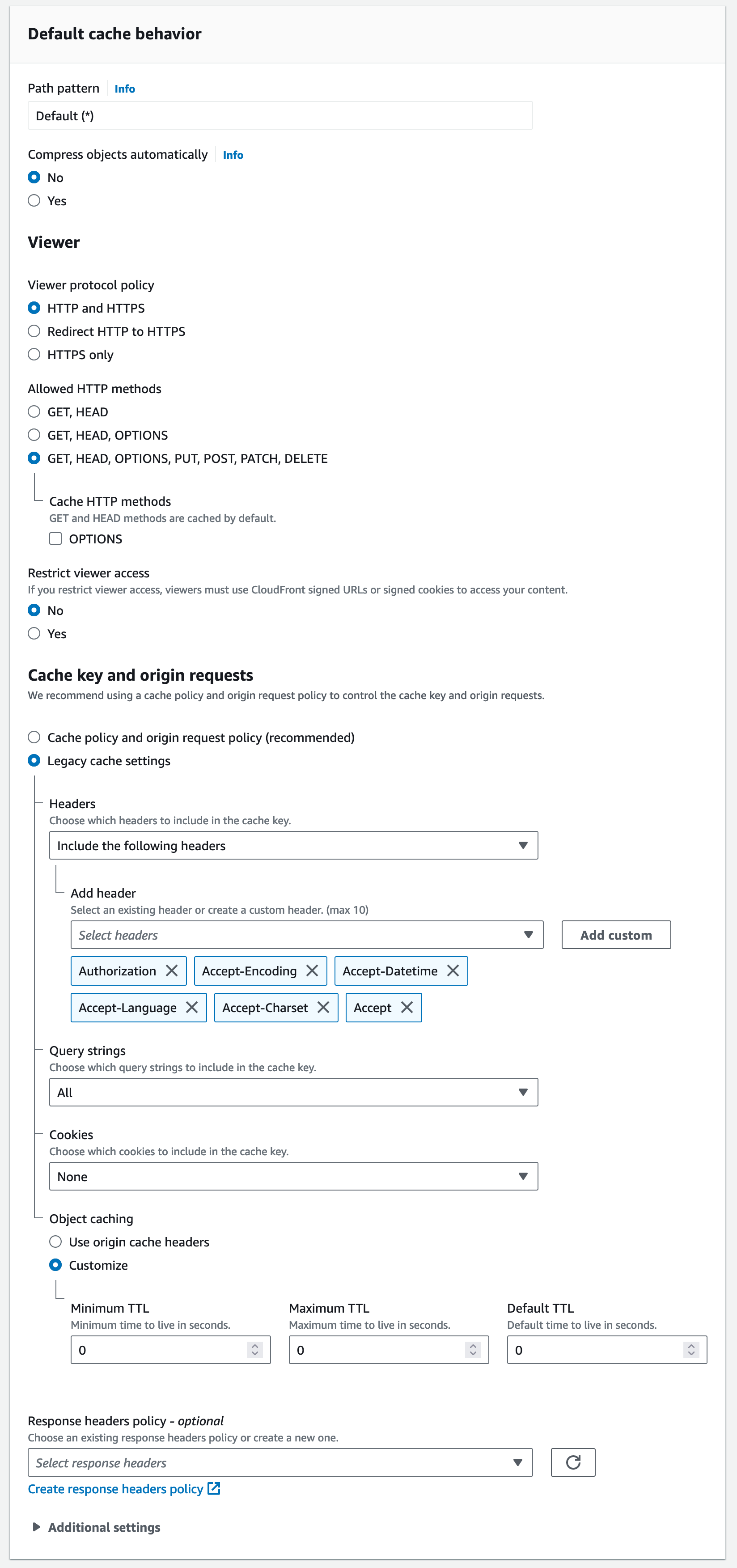 Screen capture of part of a Cloudfront dashboard.  In the section ‘Default cache behavior’, under ‘Path pattern’, the option ‘Default (*)’ is selected. Under ‘Compress objects automatically’, the option ‘No’ is selected.  In the section ‘Viewer’, under ‘Viewer protocol policy’, the option ‘HTTP and HTTPS’ is selected. Under ‘Allowed HTTP methods’, the option ‘GET, HEAD, OPTIONS, PUT, POST, PATCH, DELETE’ is selected. Under ‘Restrict viewer access’, the option ‘No’ is selected.  In the section ‘Cache key and origin requests’, the option ‘Legacy cache settings’ is selected. Under ‘Headers’, the option ‘Include the following headers’ is selected, with the further addition under ‘Add header’ of the custom headers: ‘Authorization’, ‘Accept-Encoding’, ‘Accept-Datetime’, Accept-Language’, ‘Accept-Charset’, and ‘Accept’. Under ‘Query strings, the option ‘All’ is selected. Under ‘Cookies’, the option ‘None’ is selected. Under ‘Object caching’ the option ‘Customize’ is selected, with both Minimum TTL, Maximum TTL and Default TTL all set to 0.   Nothing is selected in the optional ‘Response headers policy’.