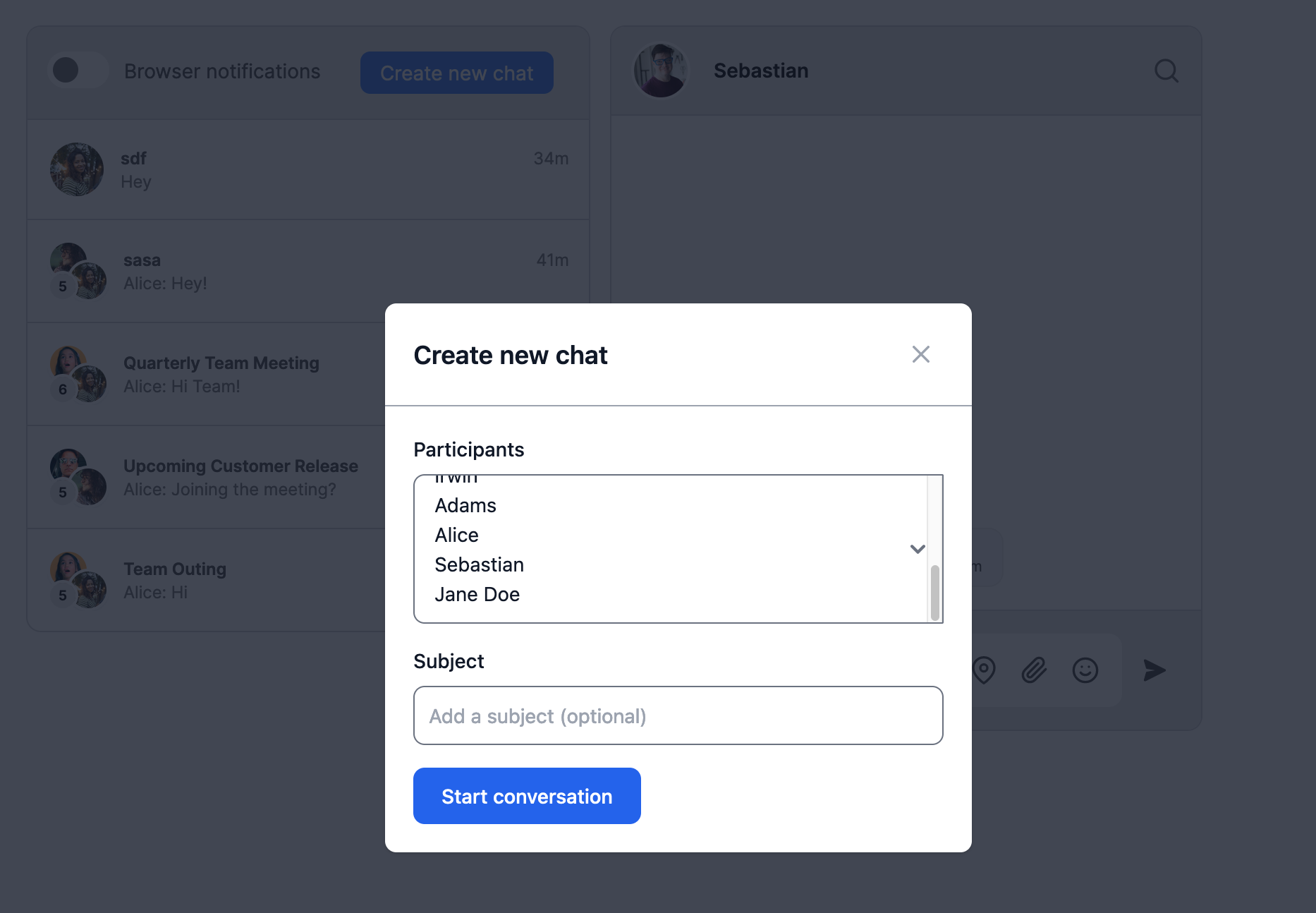 The "Create new chat" modal, with a dropdown for participants and an optional subject