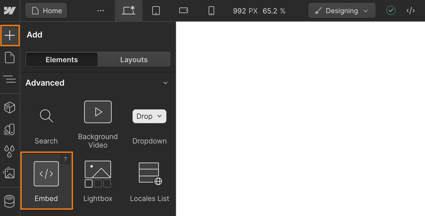 Webflow Designer with the ‘+ Add’ section of the sidebar navigation opened, and the ‘Embed’ feature in the ‘Advanced’ section singled out.