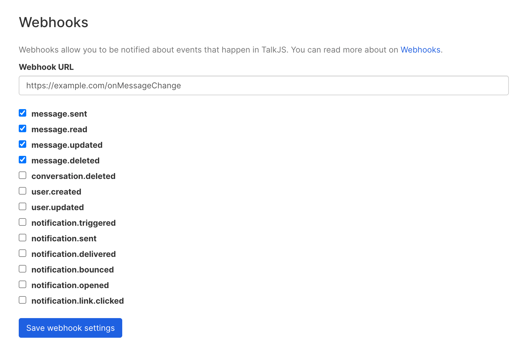 The Webhooks section of the TalkJS dashboard, with an endpoint URL filled out and some event options ticked