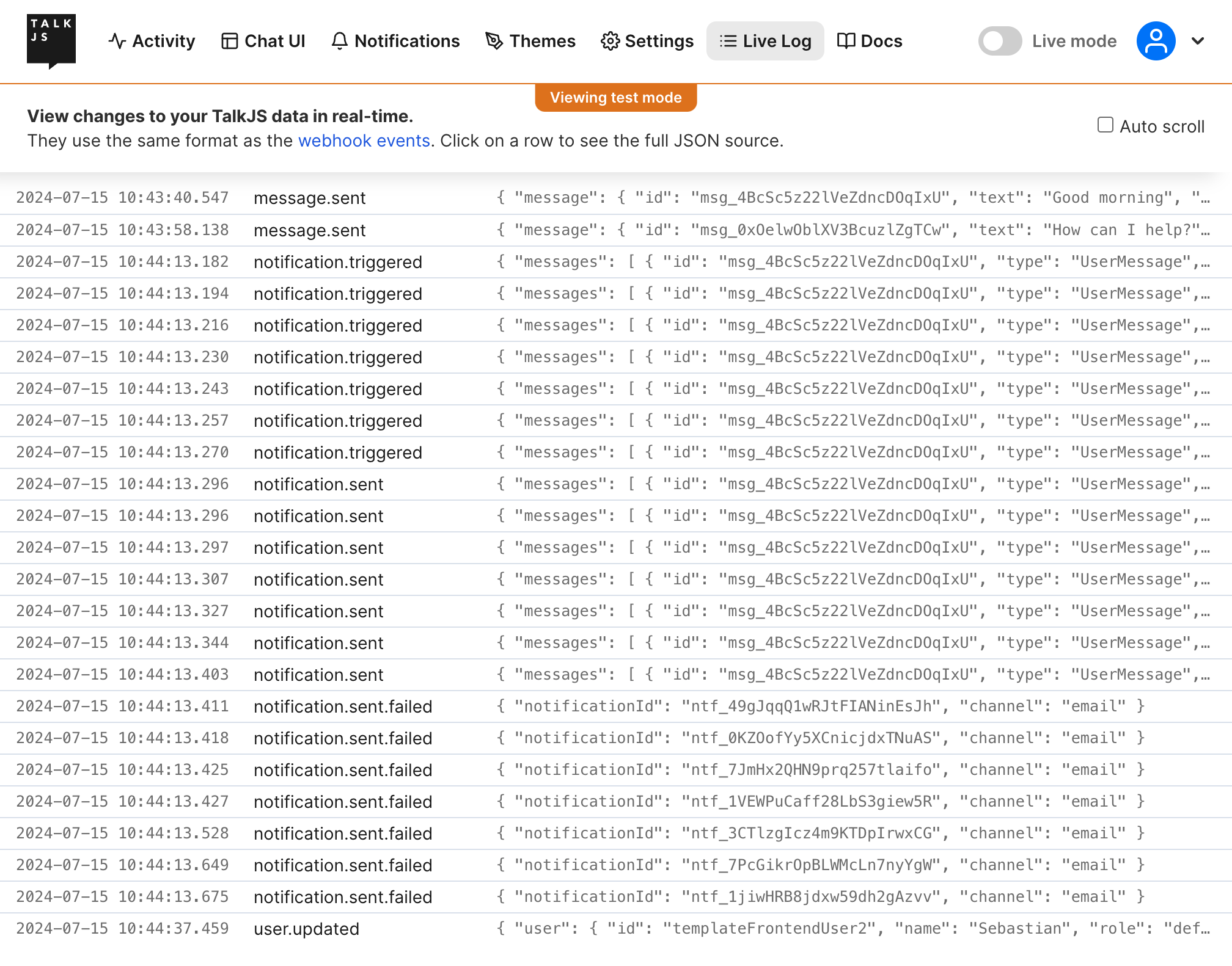 The Live Log in the TalkJS dashboard, with a list of example events