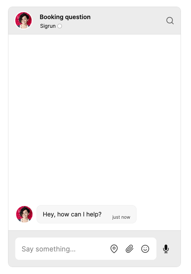 A chatbox with the subject “Booking question” in the chat header, and the name “Sigrun” with a profile picture against a red background at the top. Inside the chat, Sigrun asks: “Hey, how can I help?”.
