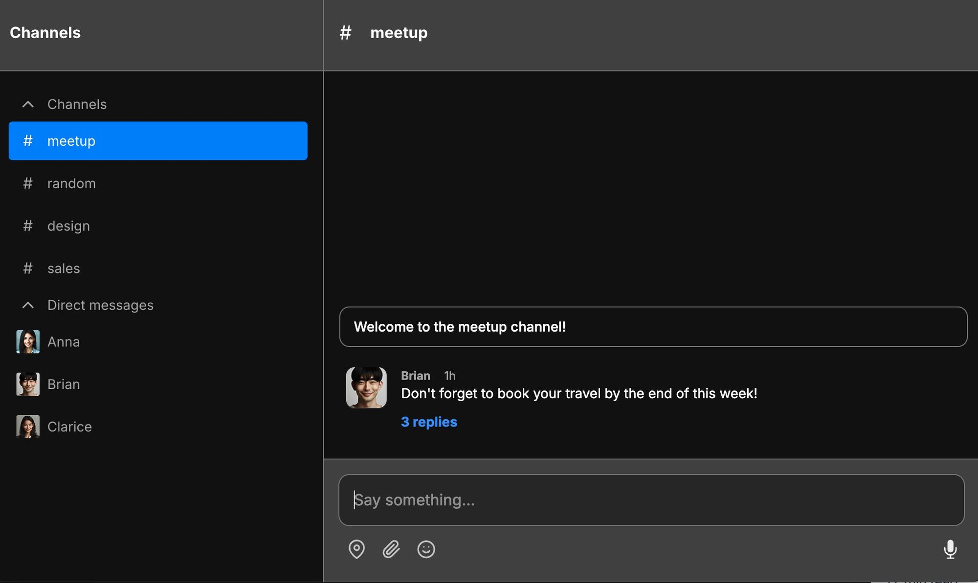 The finished chat, showing a message with three replies