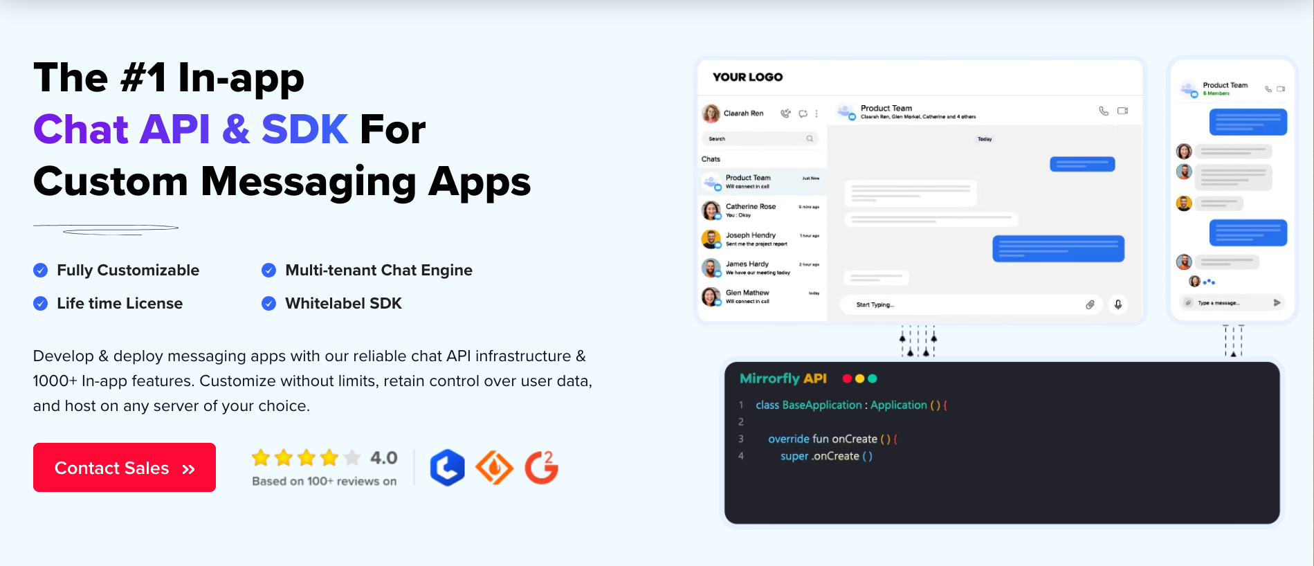 Overview of MirrorFly. On the left the headline: ‘The #1 in-app chat API and SDK for custom messaging apps’. On the right mockup overviews of a desktop-sized chat, a chat on a mobile phone, and below those two a mockup of an IDE with a code snippet.