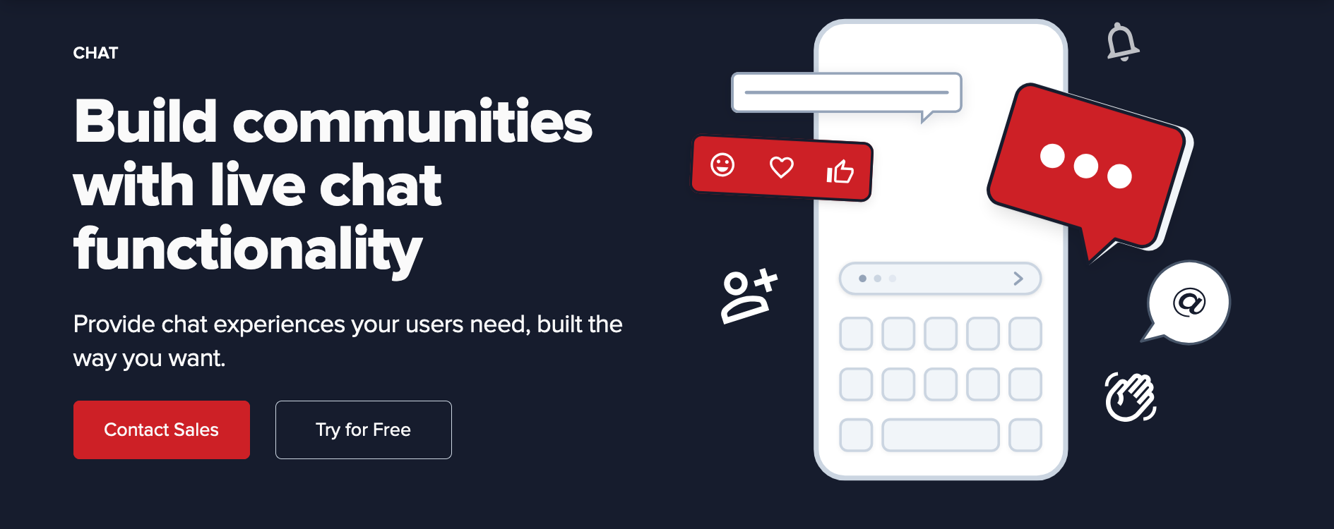 Overview of PubNub. On the left the headline: ‘Build communities with live chat functionality. On the right a schematic drawing of a mobile phone, with next to it a selection of hovering icons in red and white, including a chat bubble, a waving hand, a bell, an @-sign, an add-user sign, and reaction buttons.