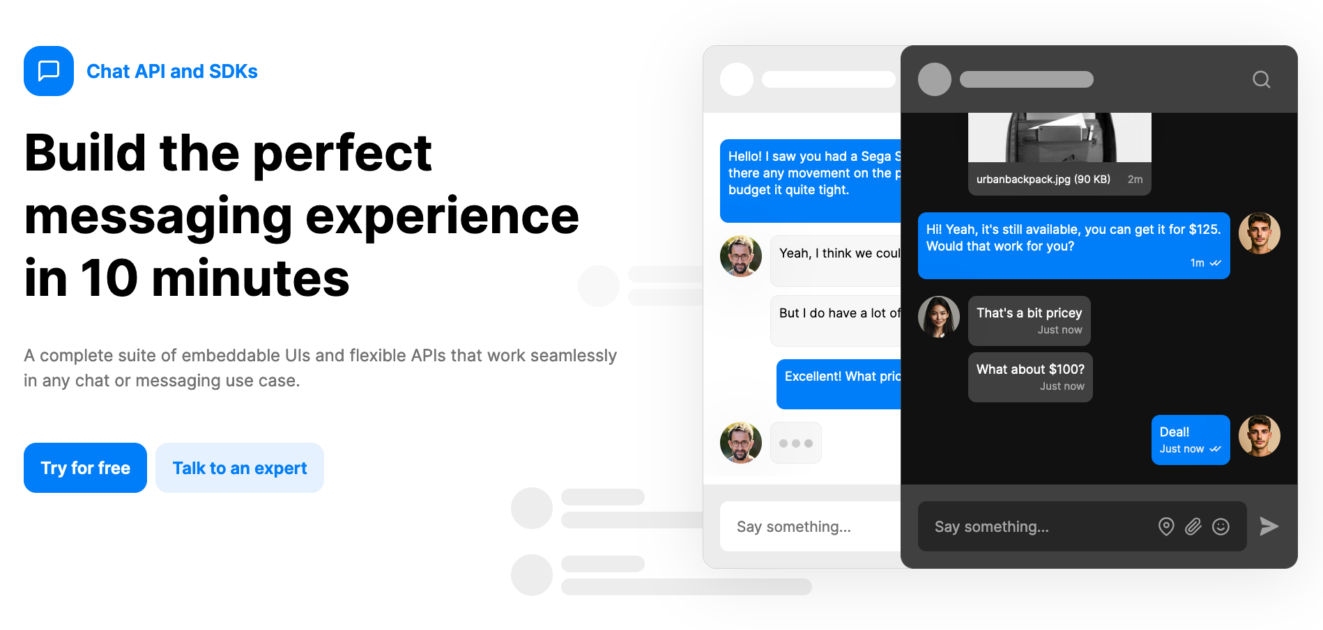 Overview for TalkJS. On the left is a headline with the text: ‘Chat API and SDKs. Build the perfect messaging experience in 10 minutes. On the right are two chatboxes with conversations in them, one in a light theme and another in a dark theme.