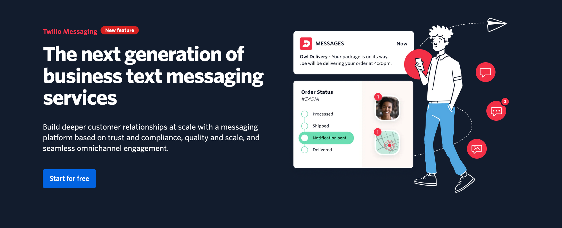 Overview of Twilio Messaging. On the left the headline: ‘The next generation of business text messaging services. On the right a schematic representation of a push notification message, with below that an order status overview. Next to this is a graphic of a person looking at their phone, surrounded by icons of paper planes and red circles with chat messaging bubbles inside.