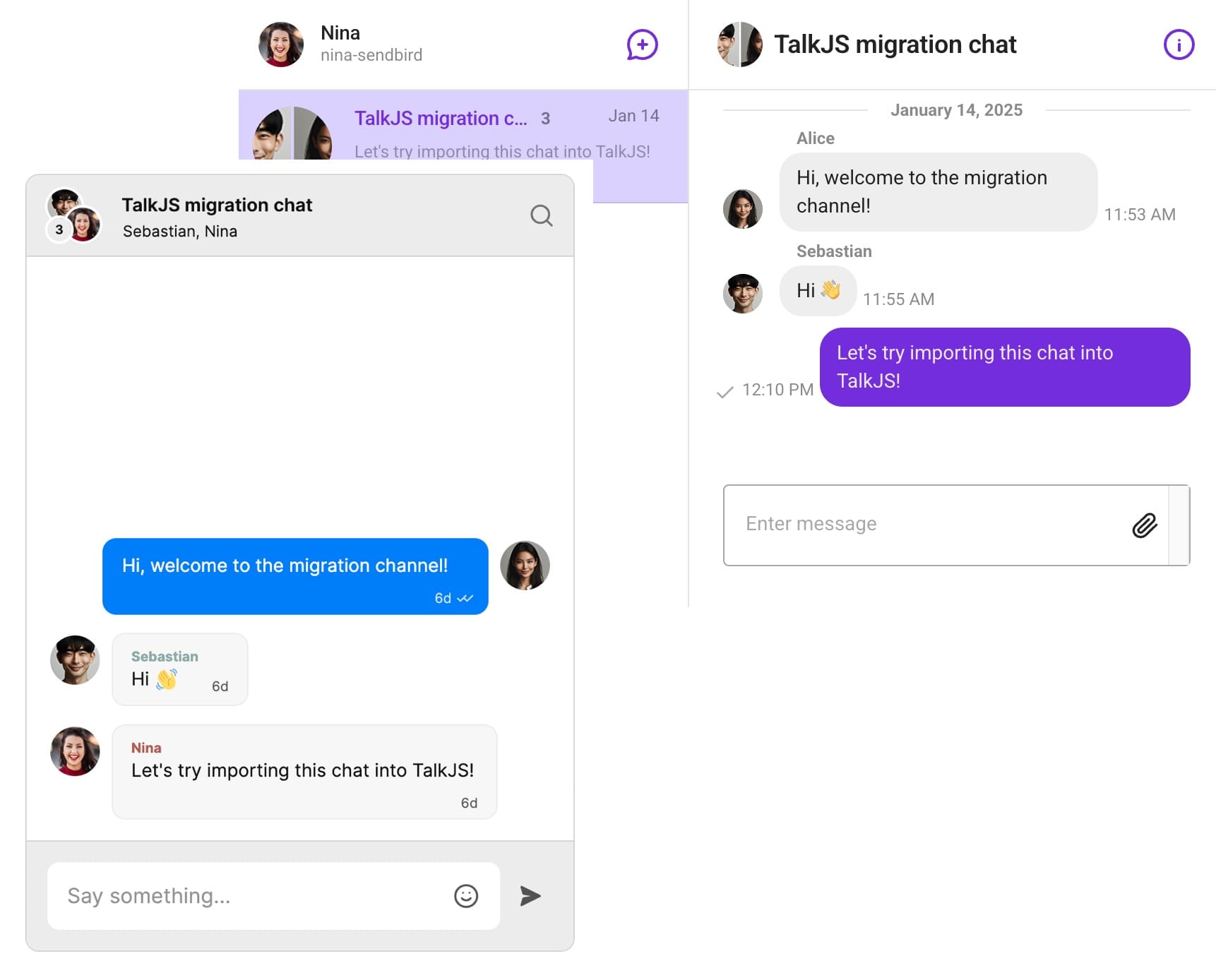 A group chat on the topic of migrating to TalkJS, viewed in both Sendbird and TalkJS chat UIs