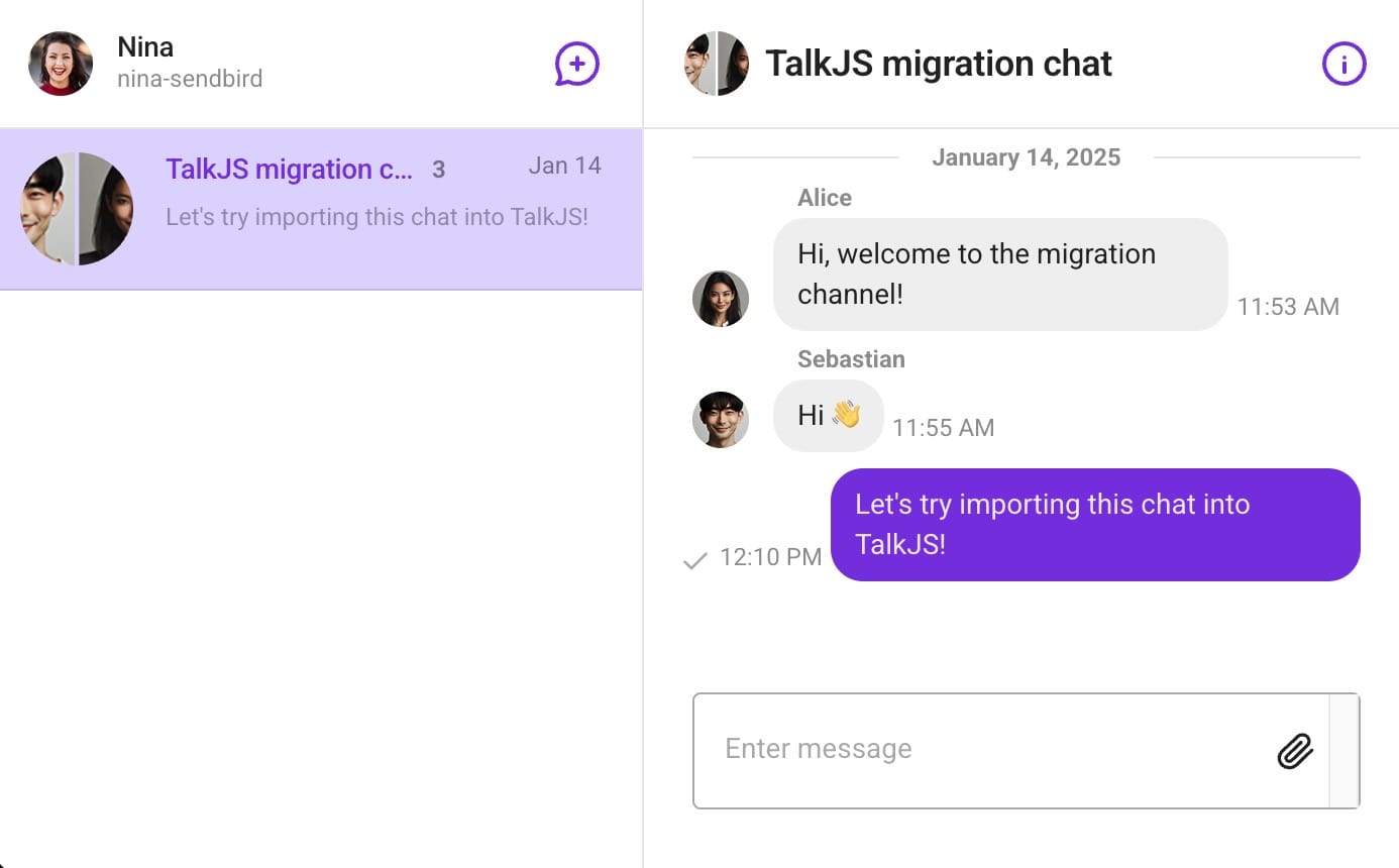 Example group channel with 3 members, on the subject of migrating to TalkJS