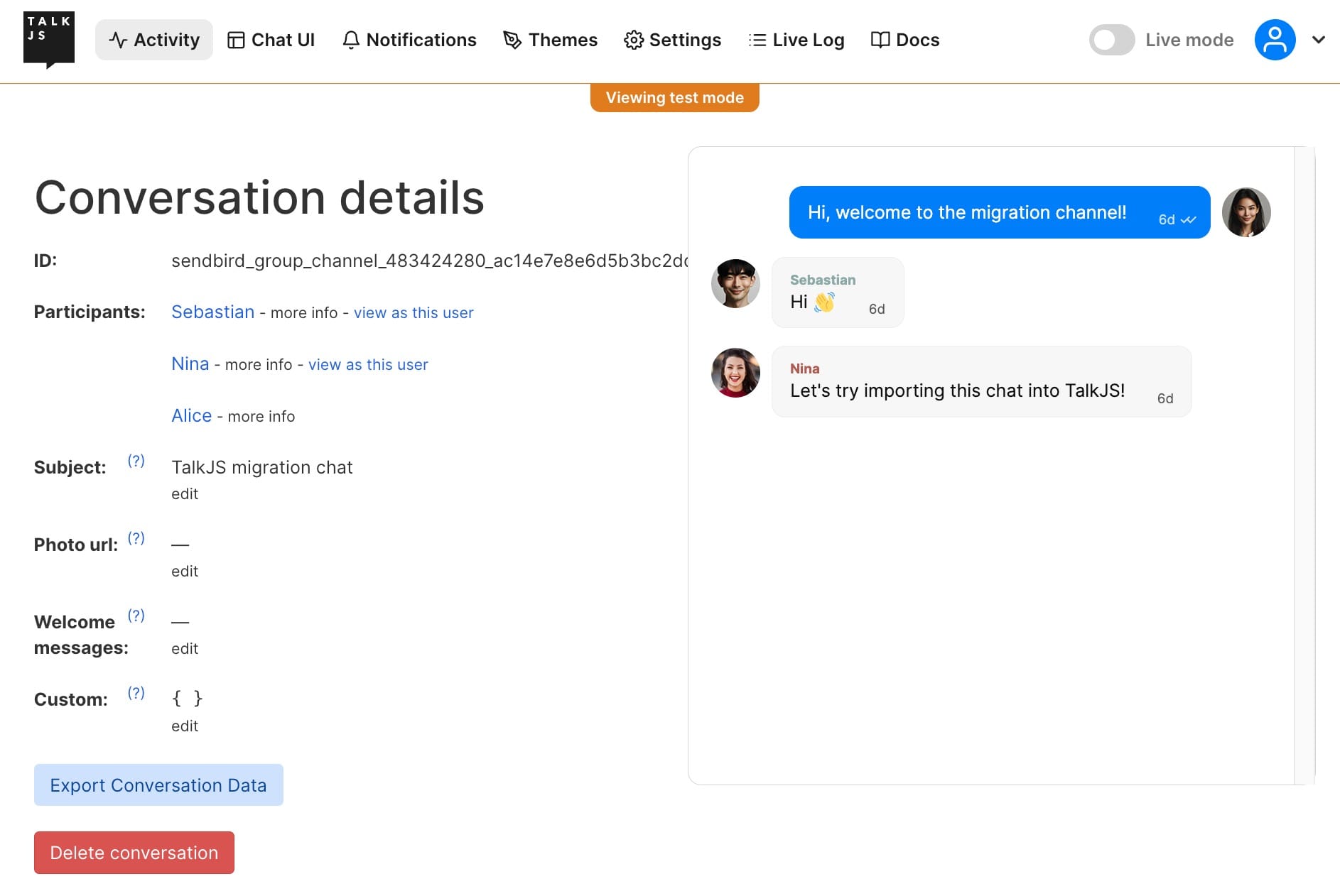 The Activity tab of the TalkJS dashboard. On the left is a summary of the sample conversation we imported. On the right is a chatbox showing messages in the example conversation