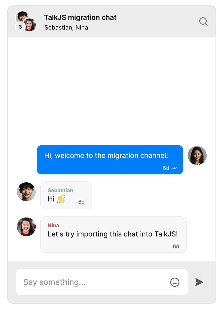 A TalkJS chatbox with the example group chat we imported from Sendbird