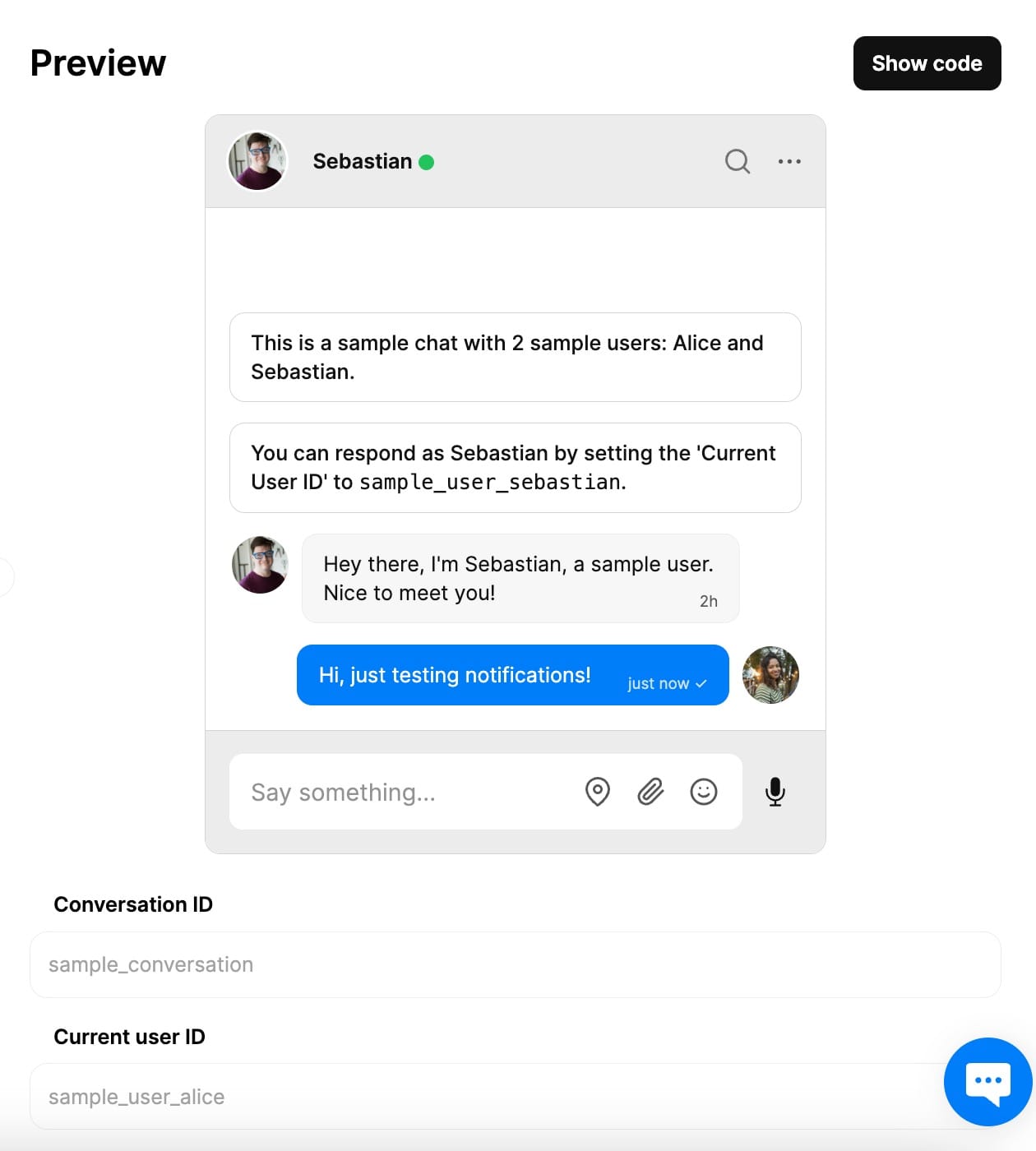 A chatbox preview in the TalkJS dashboard, with conversation of sample_conversation and current user ID of sample_user_alice. Alice has added the message 'Hi, just testing notifications!'