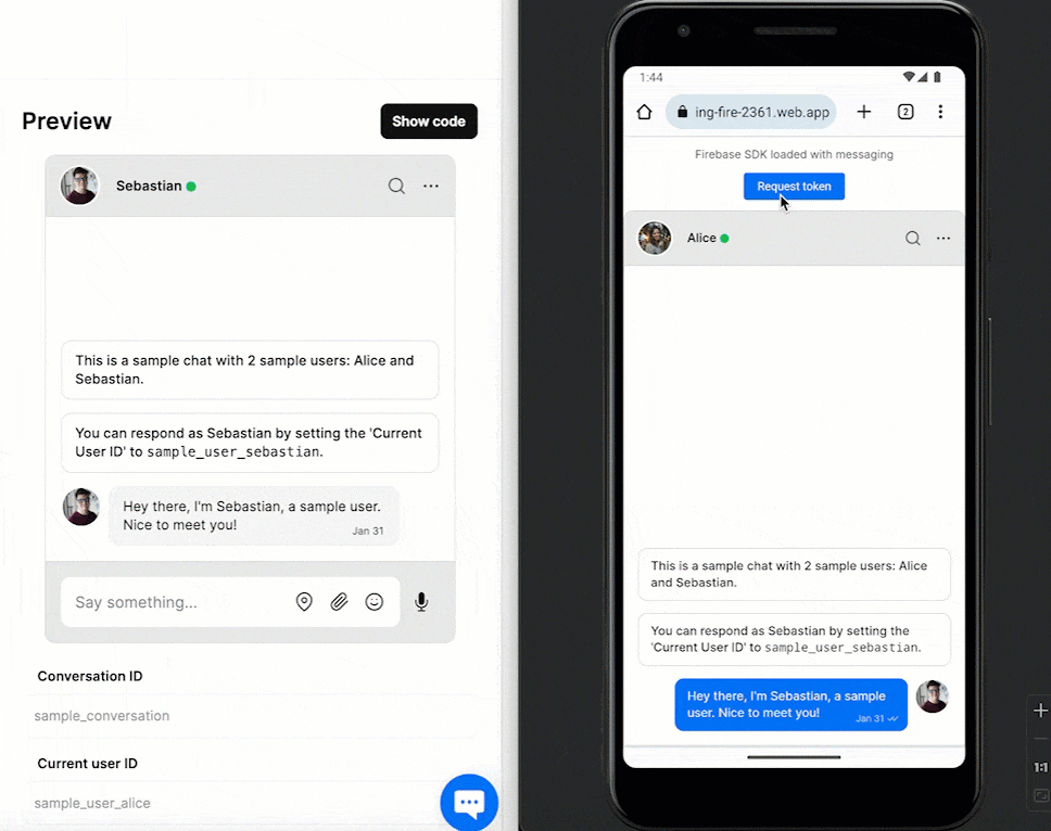 Demo of the feature. The user, Alice, selects to allow push notifications and then clicks the 'Request token' button. She then switches to another tab. The other participant in the conversation, Sebastian, then sends a message. This triggers a push notification for Alice.