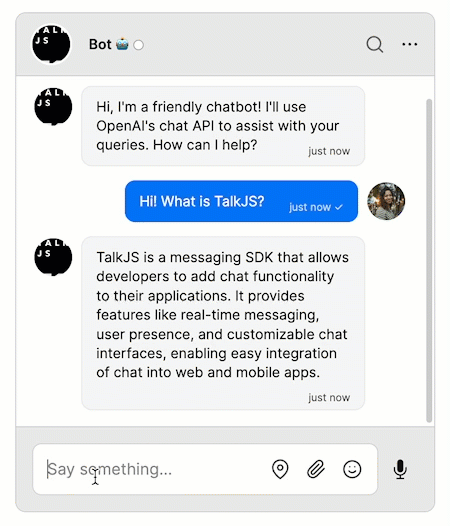 Demonstration of the chatbot integration. The user asks questions about TalkJS and gets replies generated by the OpenAI API.