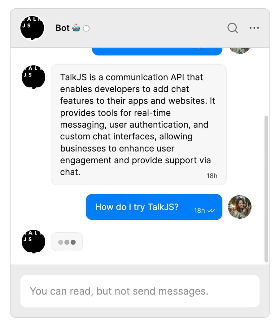 Chatbox showing a bot typing indicator. A user has asked 'How do I try TalkJS?' and the bot is still generating its response.