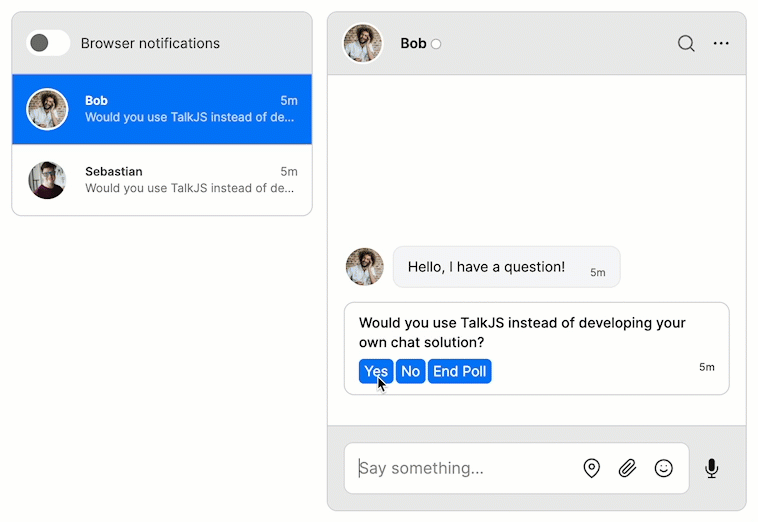 A demo of the poll feature. The user votes on a question and then ends the poll, displaying the results.