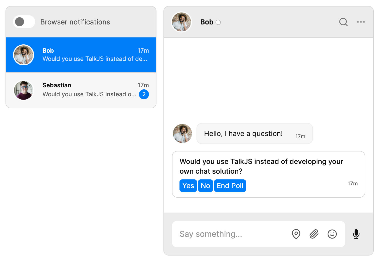 Inbox showing a system message with a poll question and action buttons to vote on it