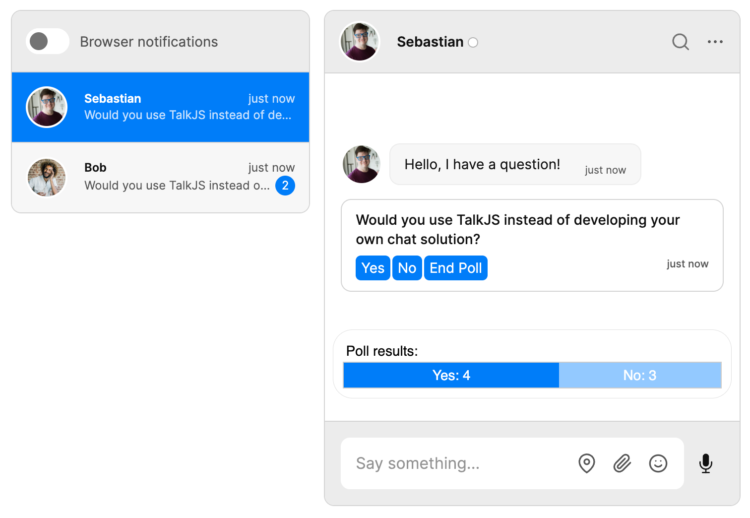 An inbox with a poll question and an HTML panel showing poll results