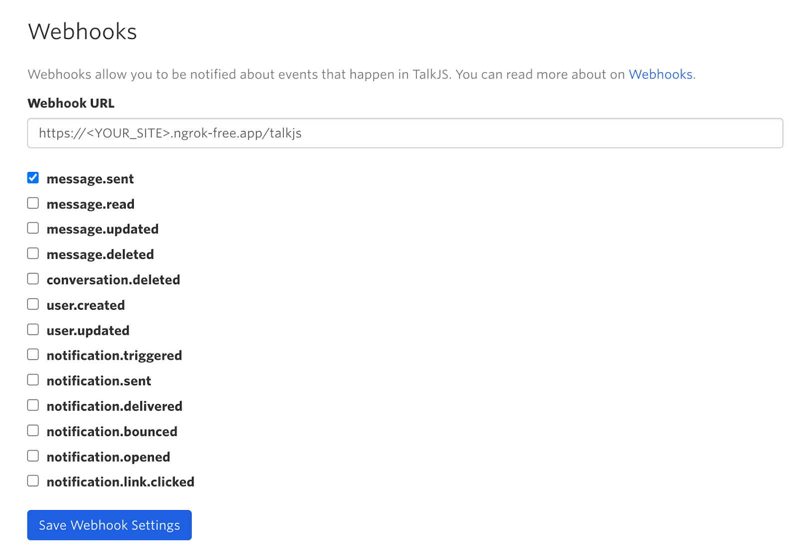 The list of webhook options in the TalkJS dashboard.