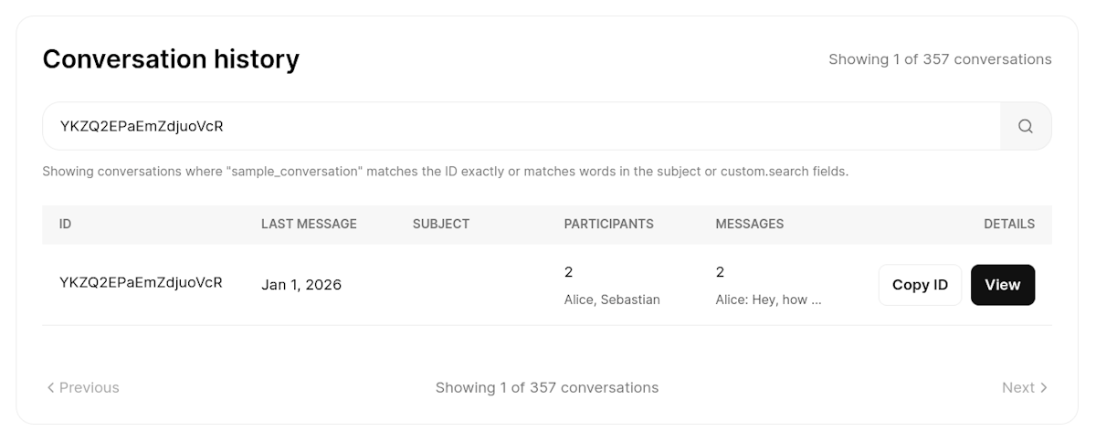 TalkJS dashboard with conversation search, where someone is filtering by conversation ID