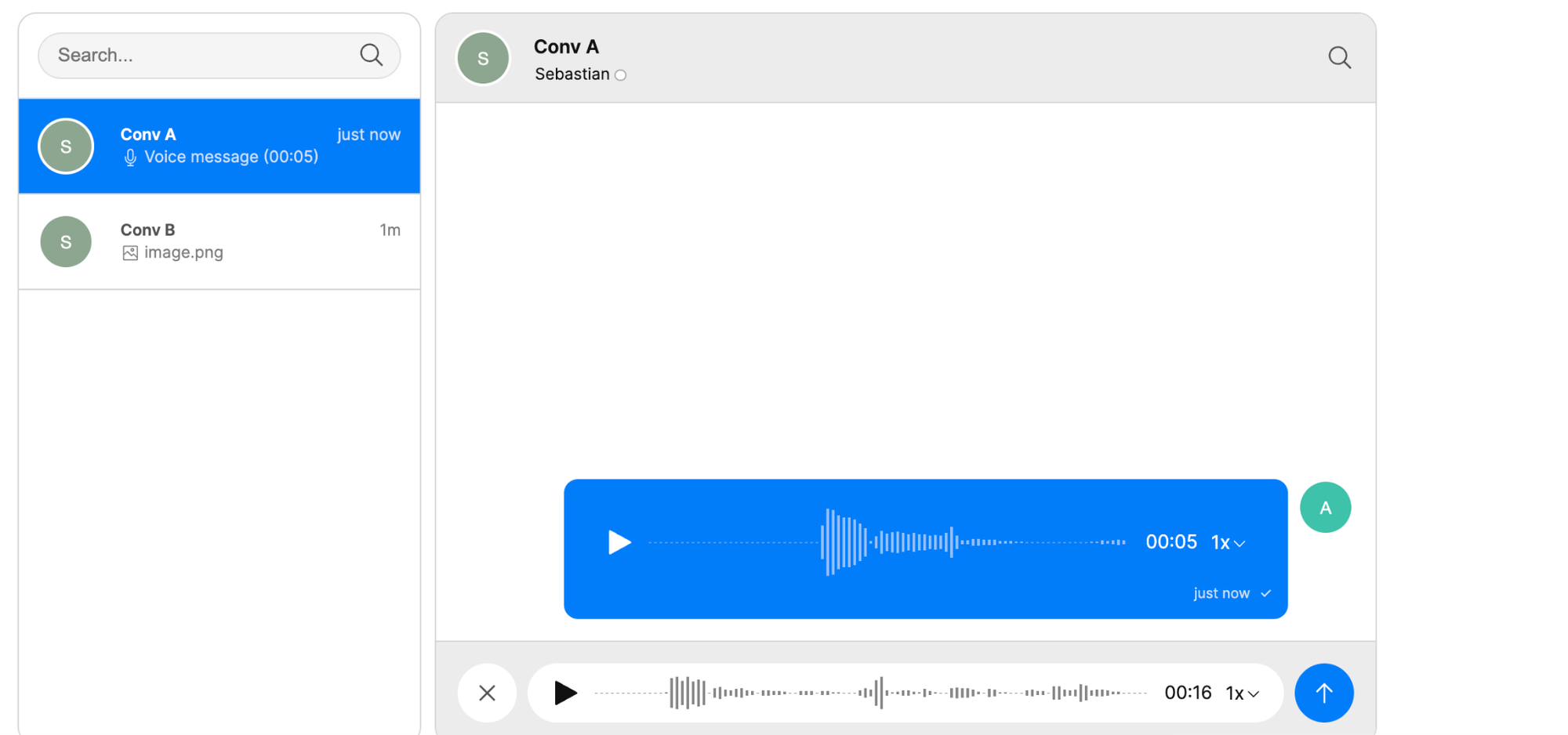 A chat inbox with an opened conversation, showing a range of icons