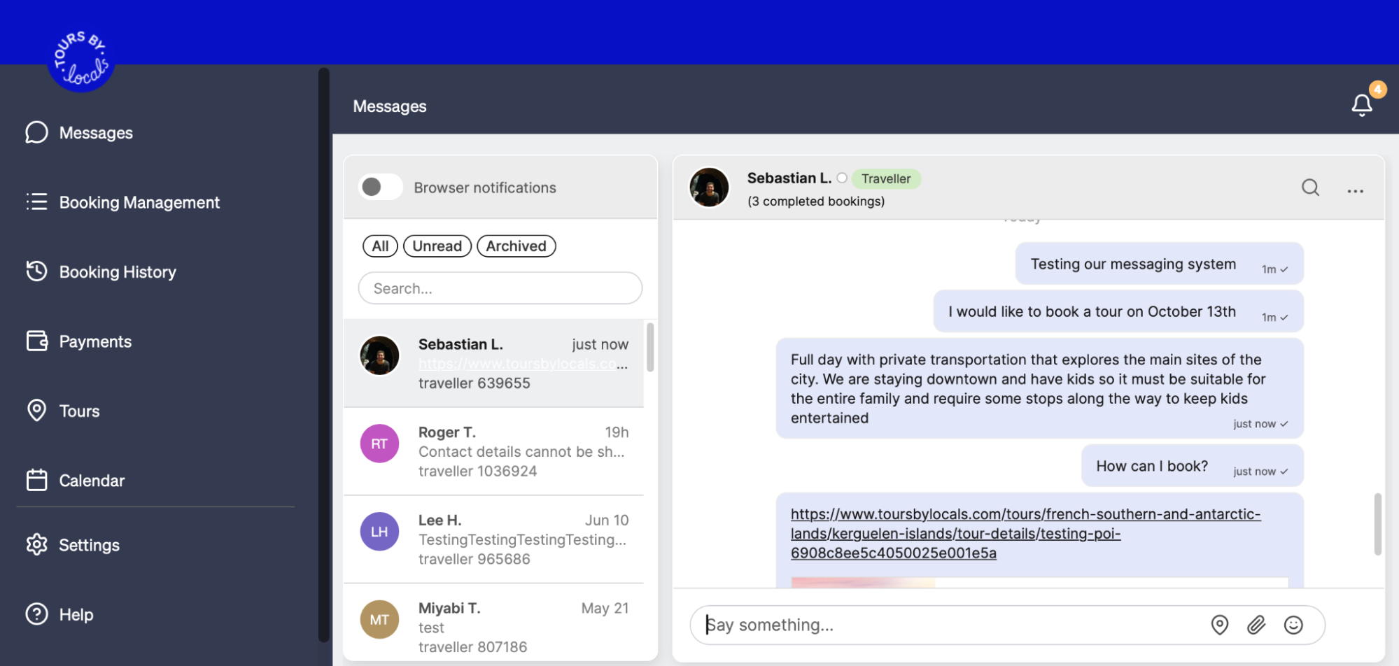 ToursByLocals message center with custom actions, a conversation list, and an open conversation.