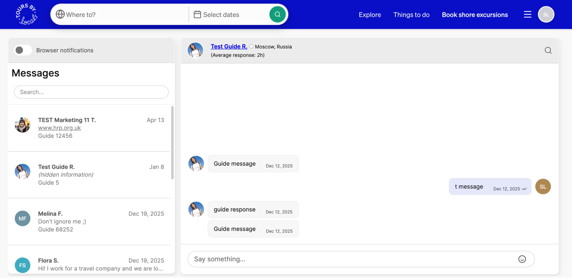 ToursByLocals message center, with tour search options, a conversation list including search, and an open conversation with messages.